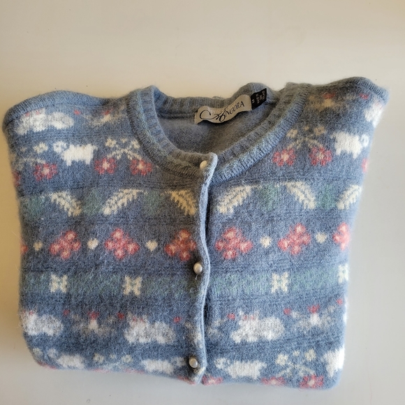 Vintage Spring Creek Angora Sweater Fair isle Blue Sheep Flower Cardigan Size M - Picture 8 of 8